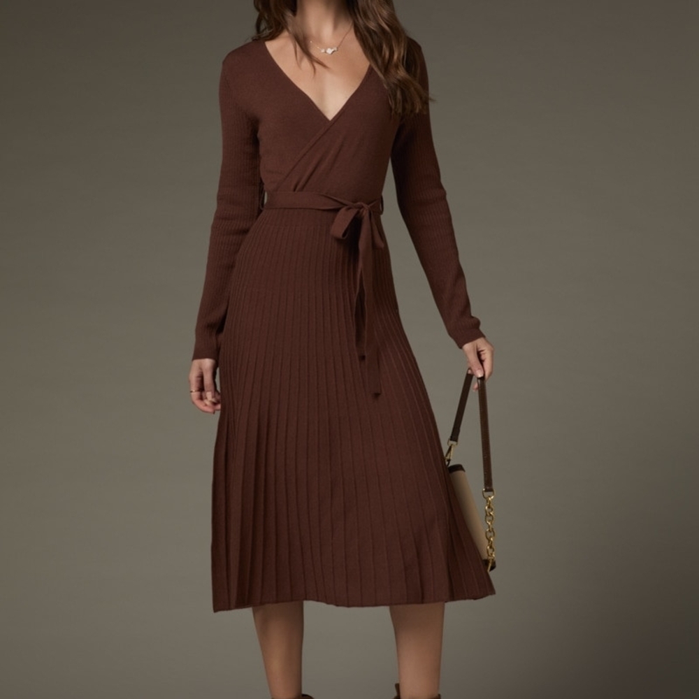 Francesca's "Eleanor" Brown Wrap Ribbed Midi Dress - Classic Knit Style